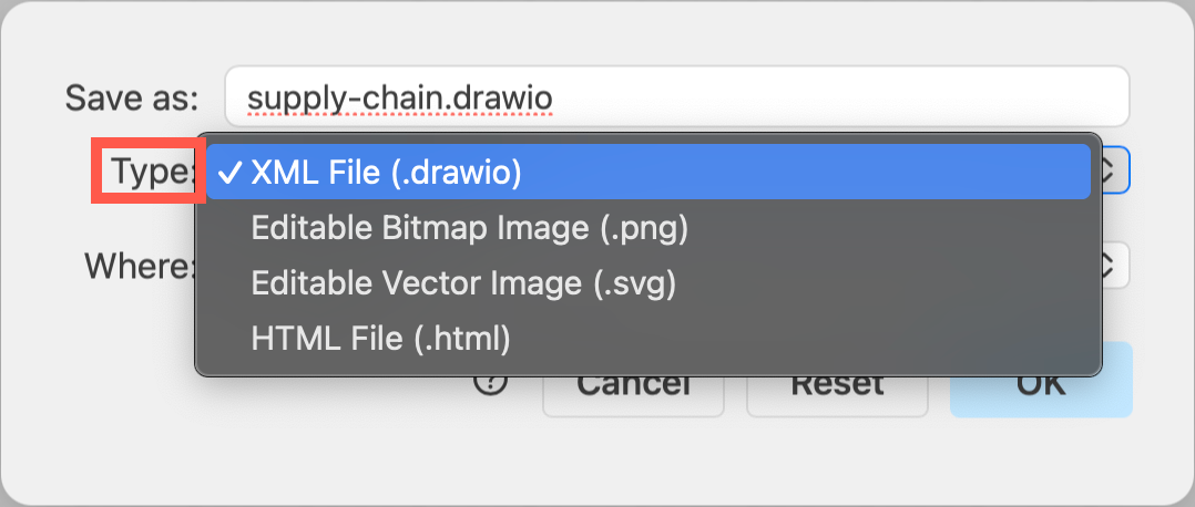Save your draw.io diagram in many supported native formats via the menu File /> Save As