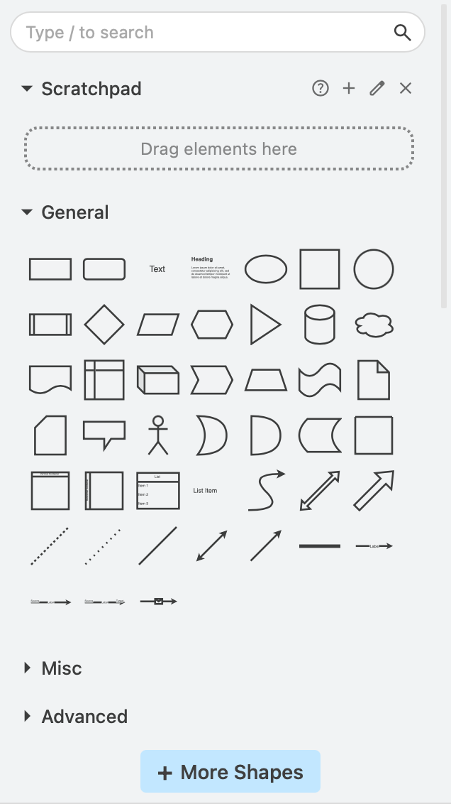 The draw.io shapes panel is typically on the left of the drawing canvas and allows you to search for shapes, use the scratchpad and access shapes from the enabled shape libraries