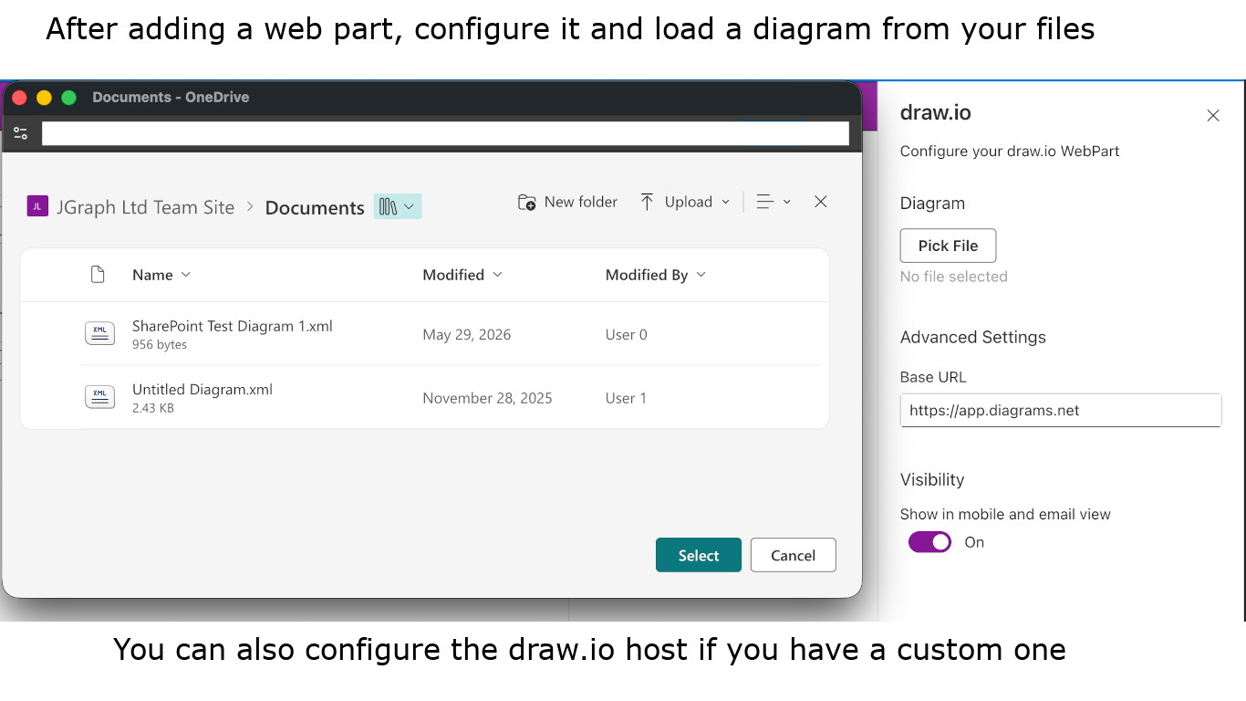 Click Pick File in the draw.io web part configuration panel, then select a draw.io diagram file from your documents and click Select