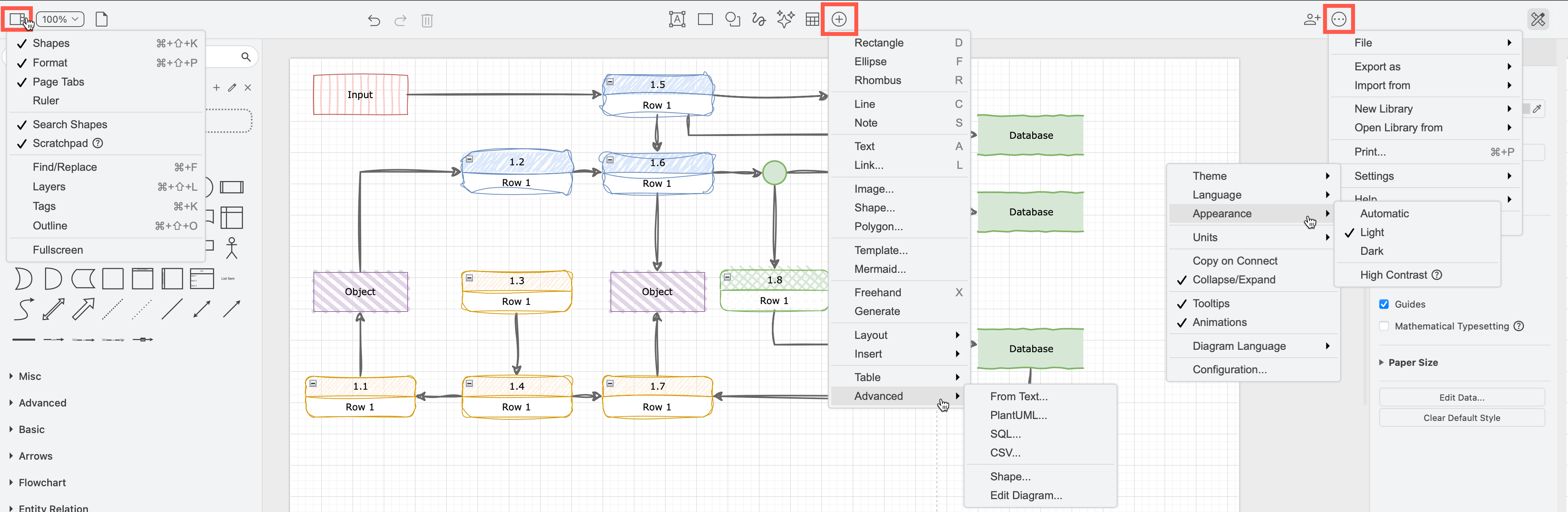 The menus are via the ... and + in the toolbar in the Simple editor theme in draw.io