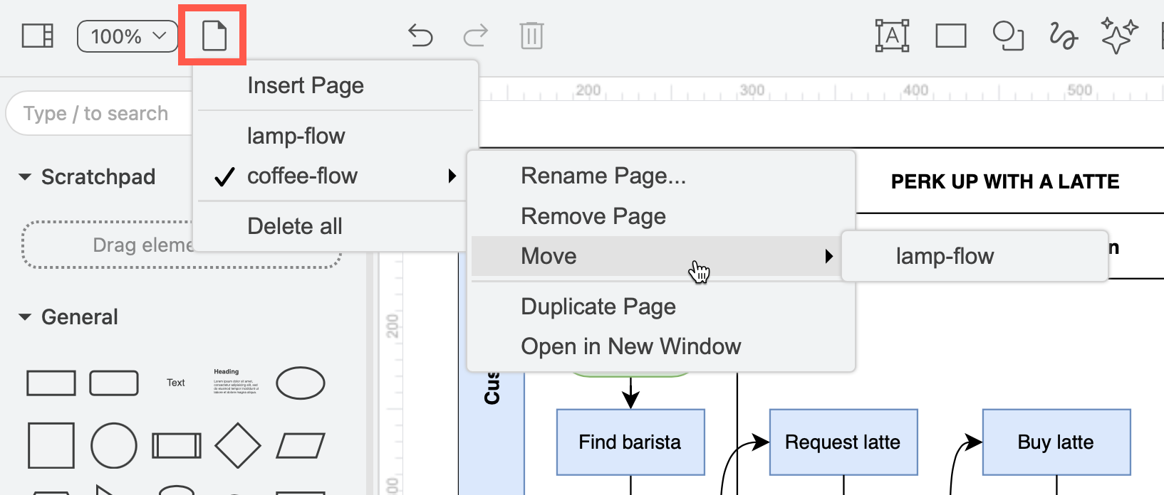 Work with multi-page diagrams via the Pages tool in the toolbar in simple editor theme in draw.io