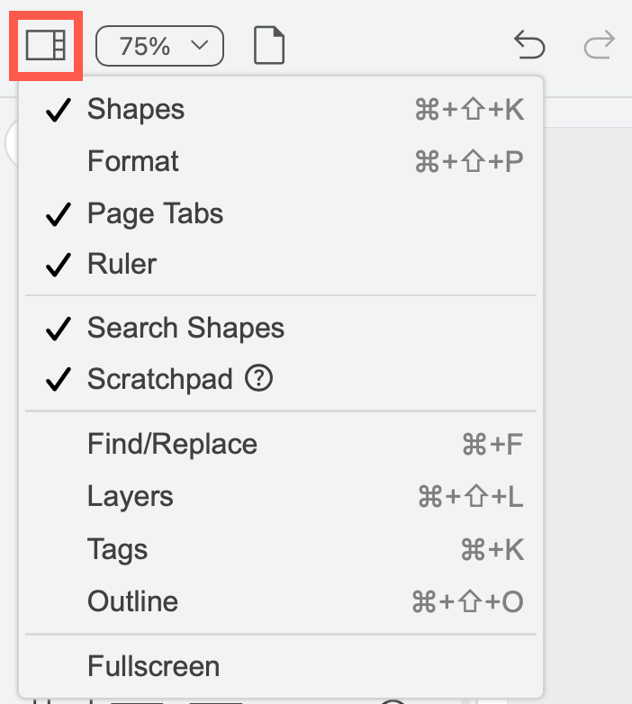 Hide or display panels and floating dialogs via the View tool on the toolbar in the Simple editor theme in draw.io