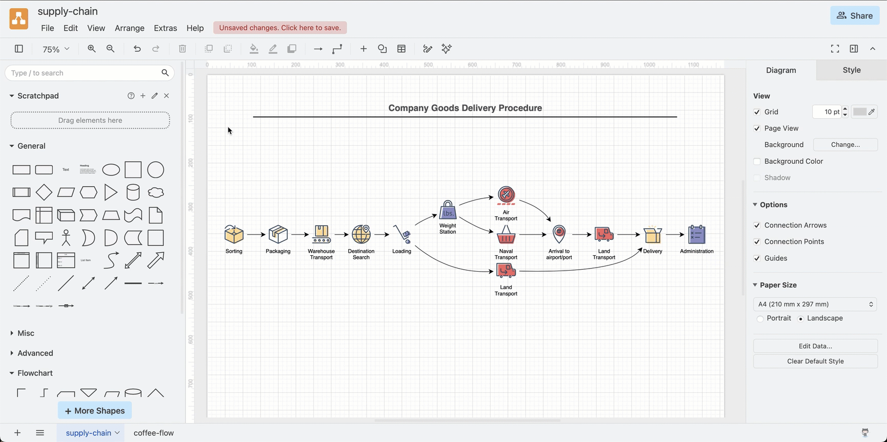 Draw a freehand shape in your diagram via the toolbar in the Simple editor theme in draw.io