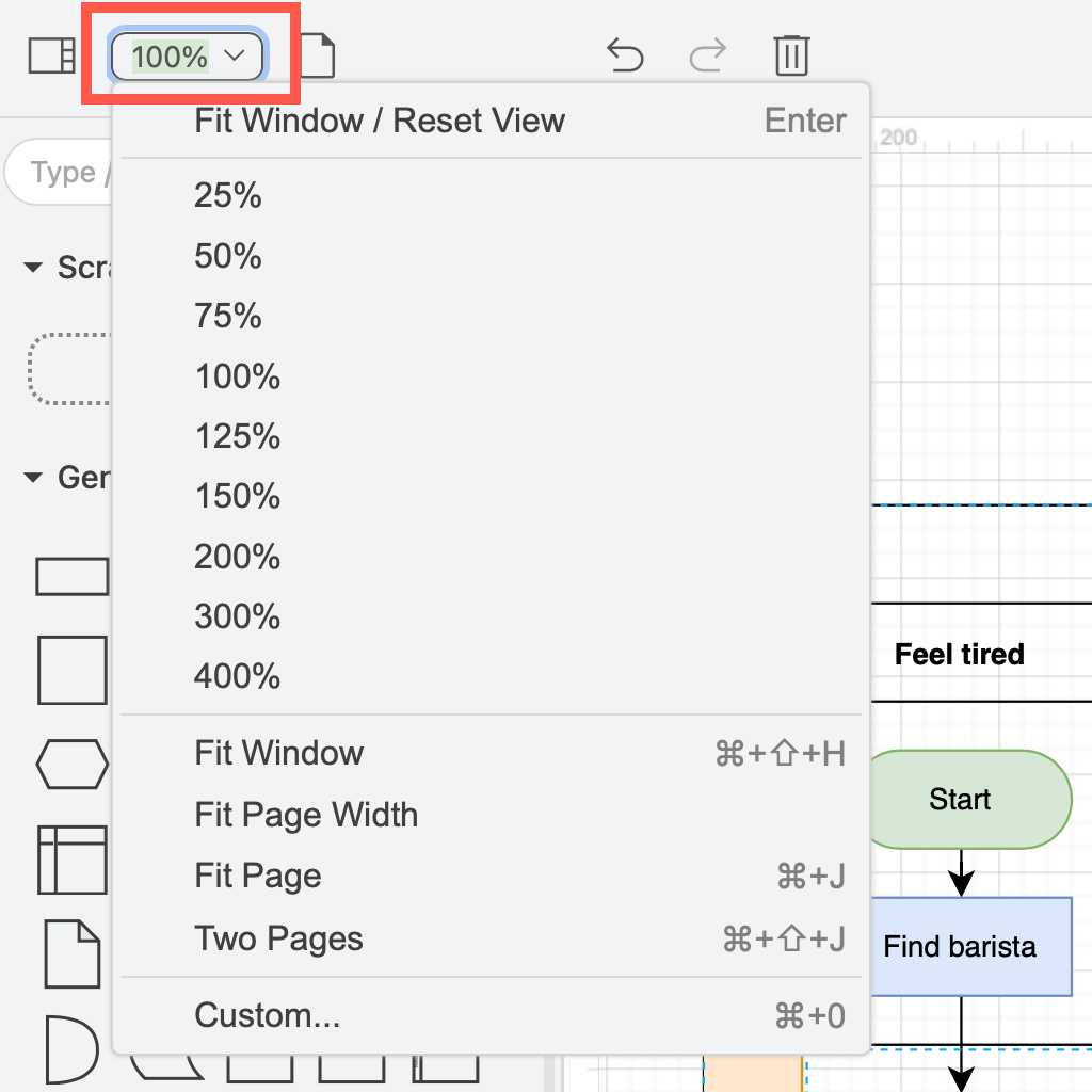 Change the zoom level via the drop down list on the toolbar in the Simple editor theme in draw.io