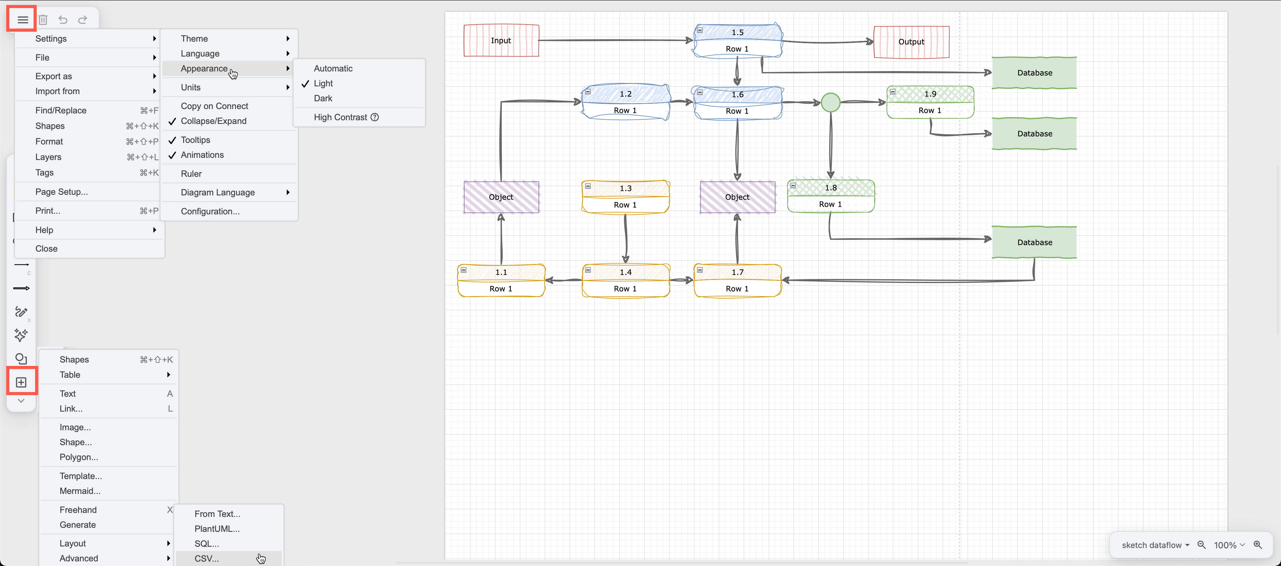 The menus are via the horizontal bar button in the top left and the + in the toolbar in the Sketch editor theme in draw.io