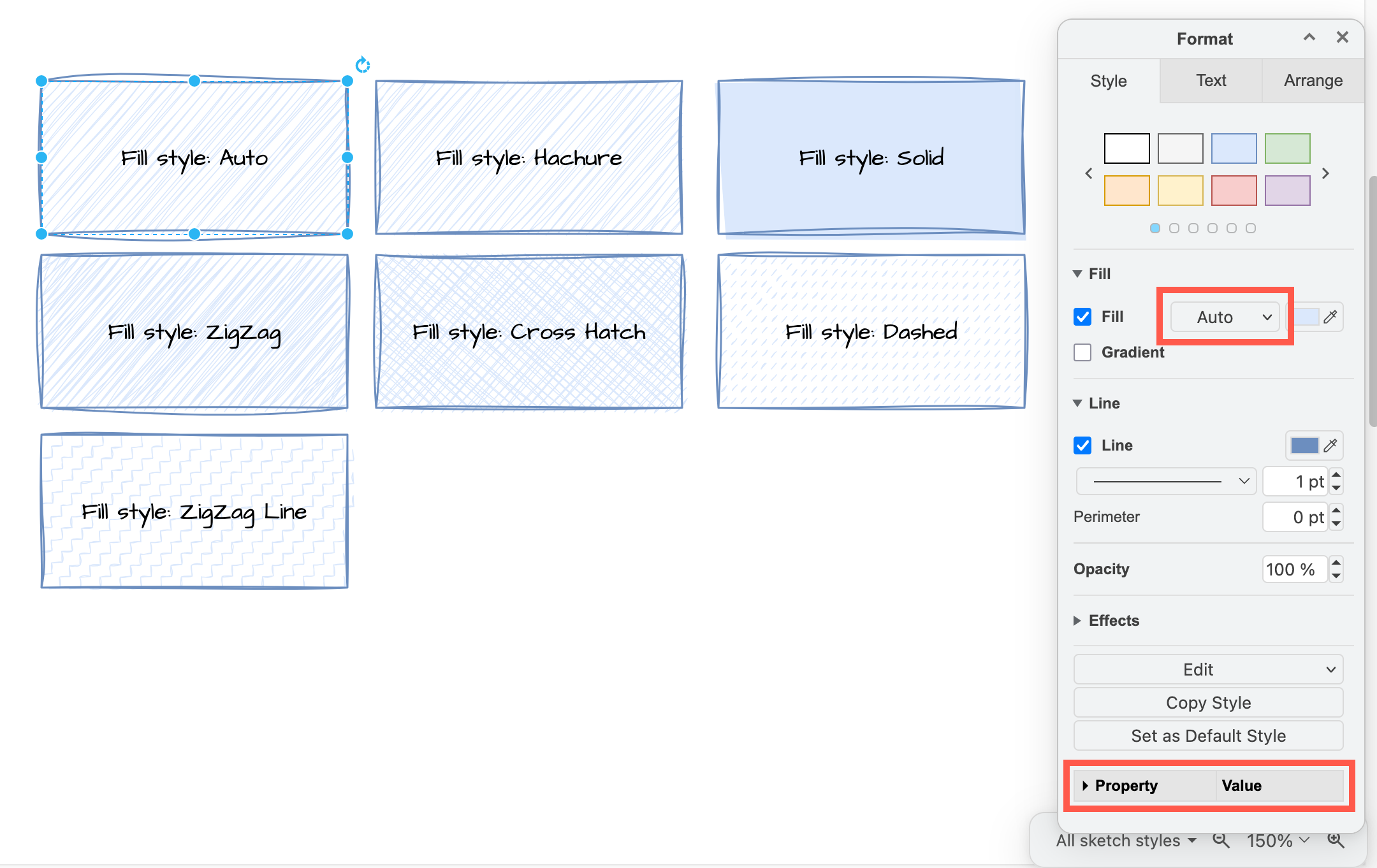Change the fill pattern when using the sketch rough style in draw.io