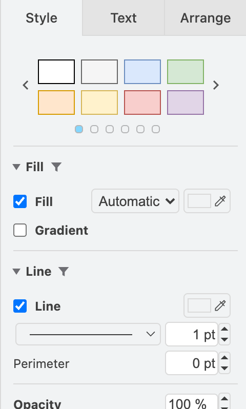 A funnel icon next to the Fill and Line sections in the format panel shows that a style rule sets the fill and line colour of the selected shape