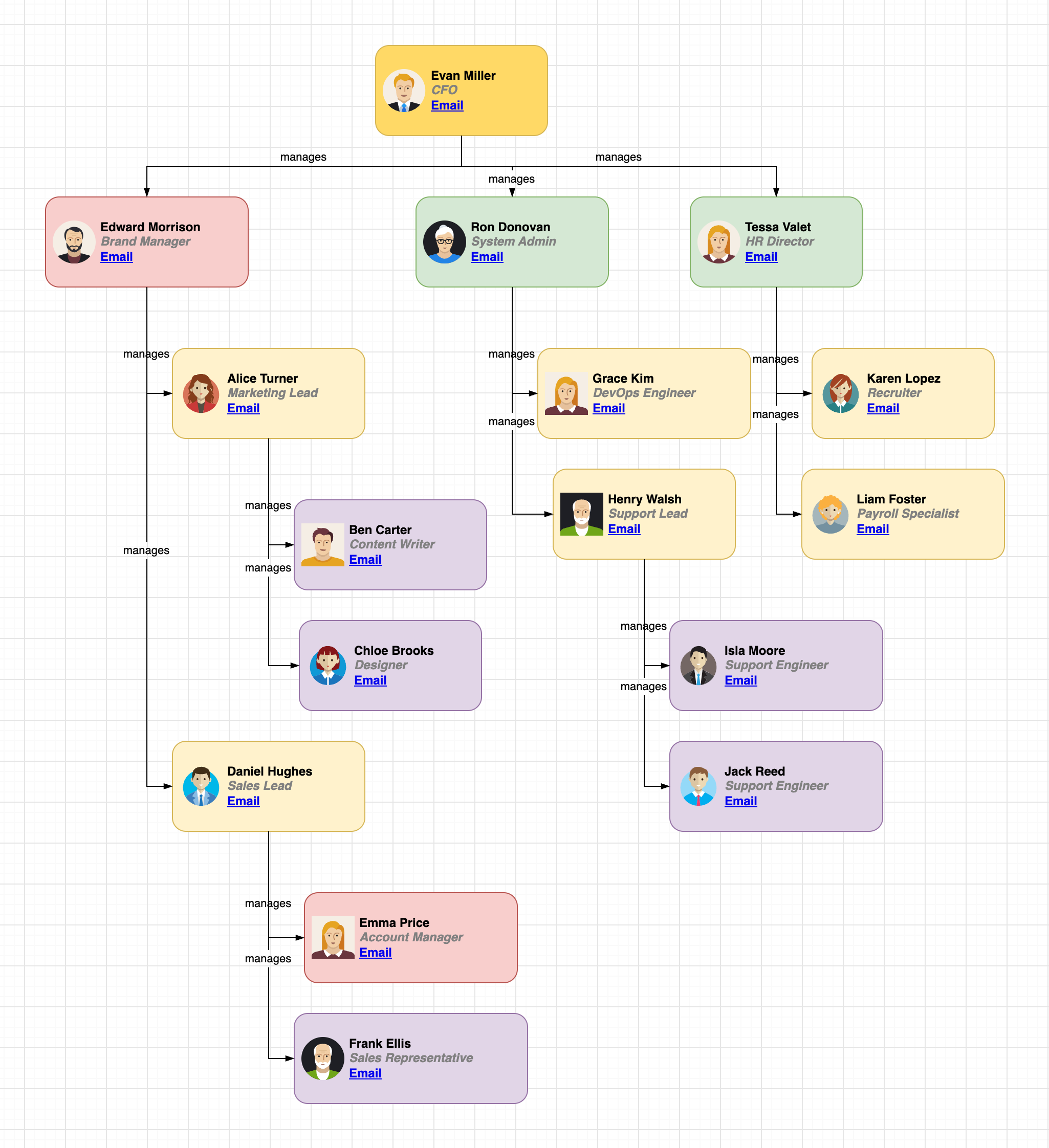 An org chart where the shape of the CFO is yellow and the shapes of the brand manager and the account manager are red because of the style rules