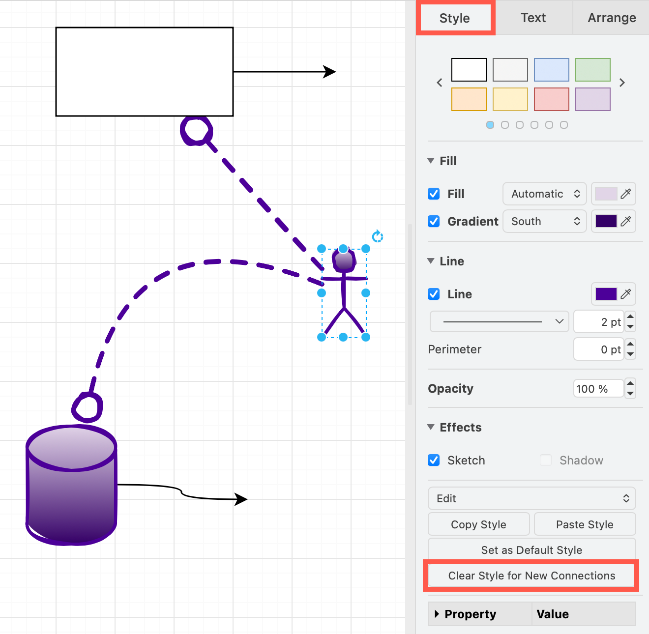 When a shape has a connector style set (that isn't the global default), in the Style tab click Clear Style for New Connections to reset it to the global default