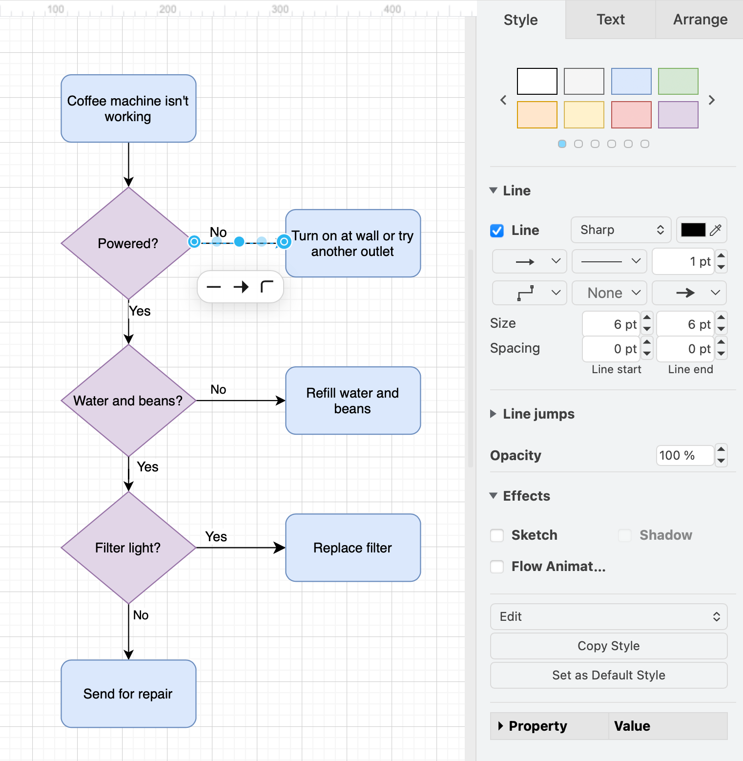 The Style tab in the format panel lets you change shape and connector styles in draw.io