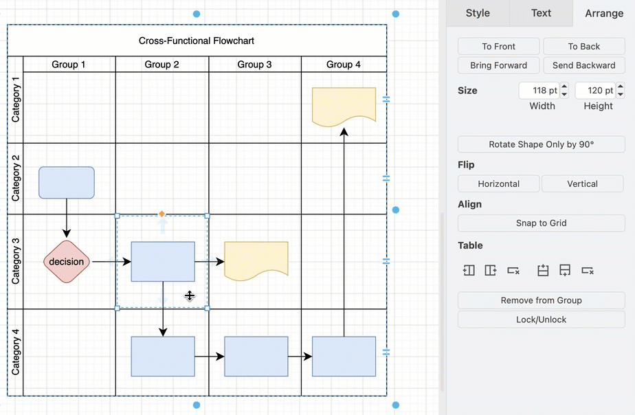 Merging adgacent table cells will overwrite the contents with only the shapes, connectors and text that were in the first selected table cell