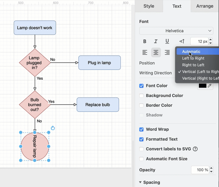 Change the text alignment of shape and connector labels in draw.io
