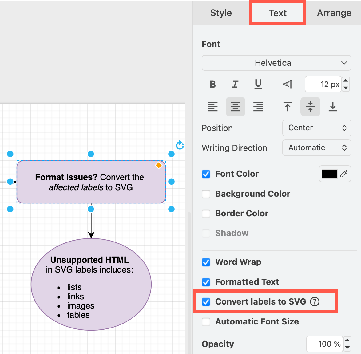If you have text formatting issues, you can try converting the labels to SVG