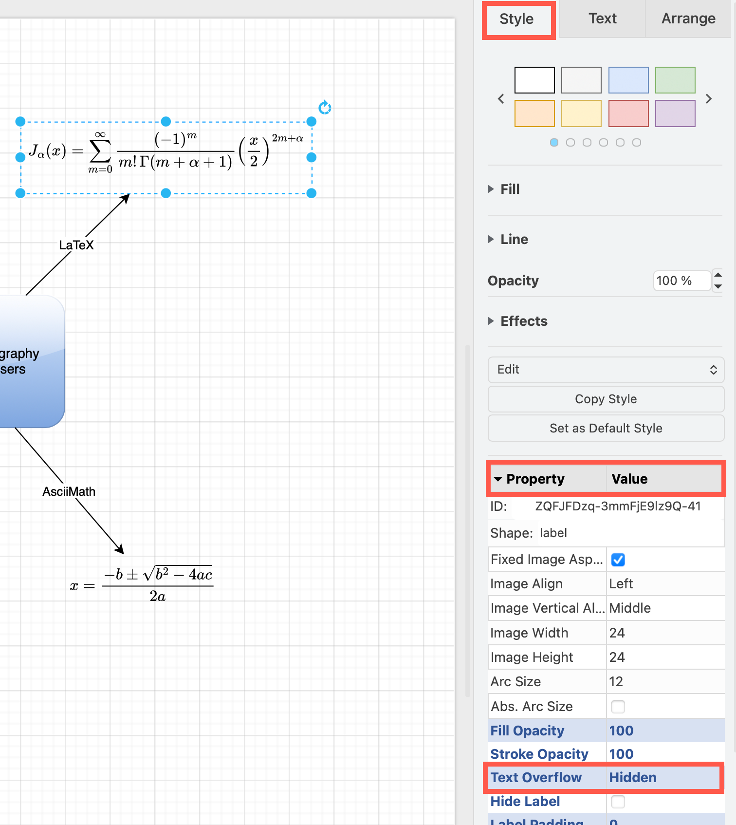 Set the text overflow shape property and resize the shape to fit just the maths equation to prevent problems printing