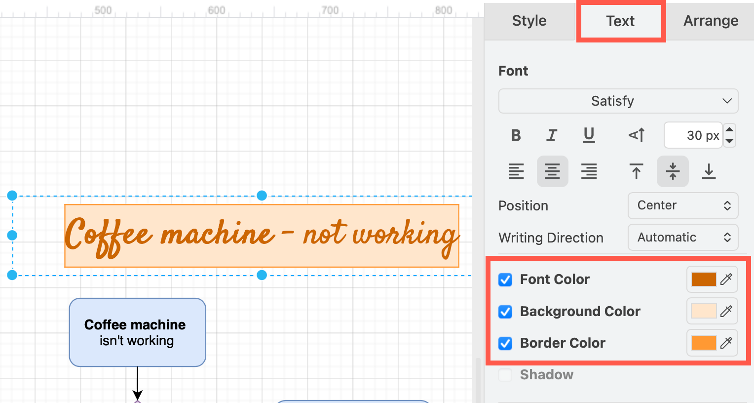 Click on the colour buttons to choose a new font, background and border colours from the palette