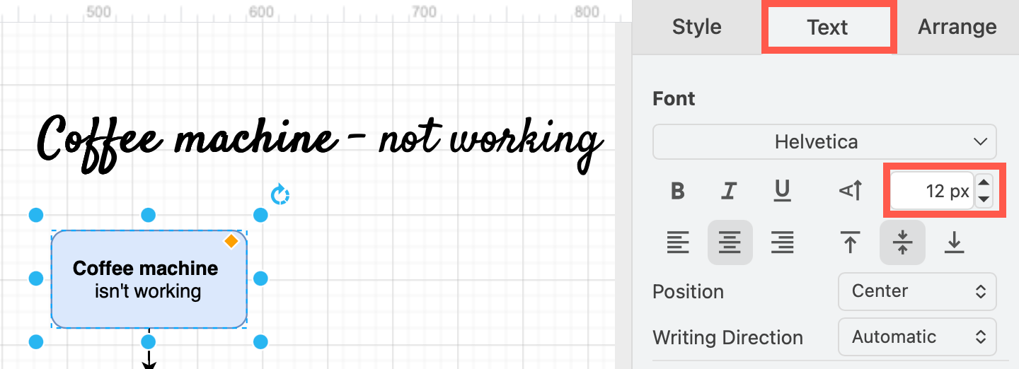 Select a different font size to style text in draw.io