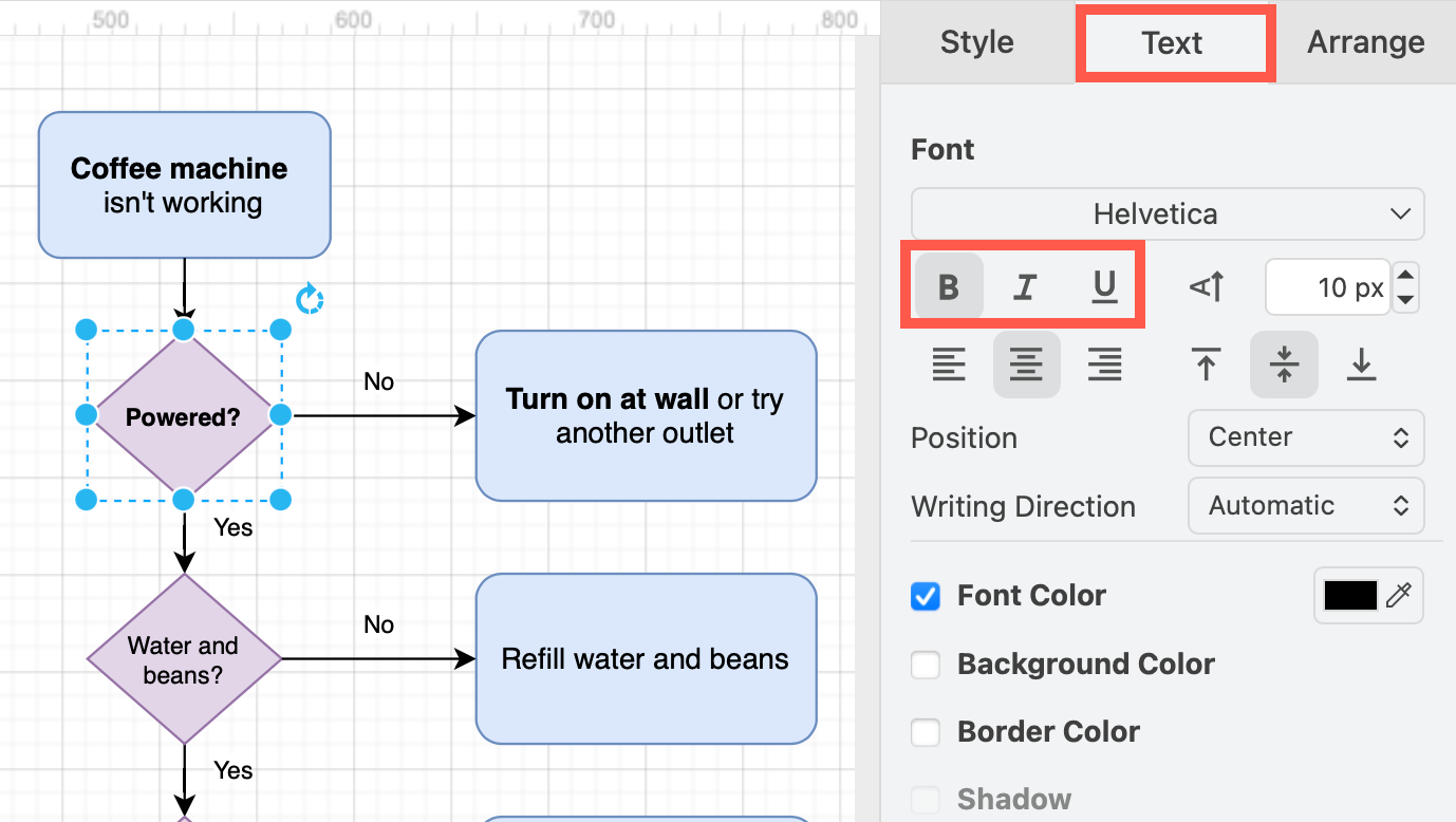 Select bold, italics or underline to style text in draw.io