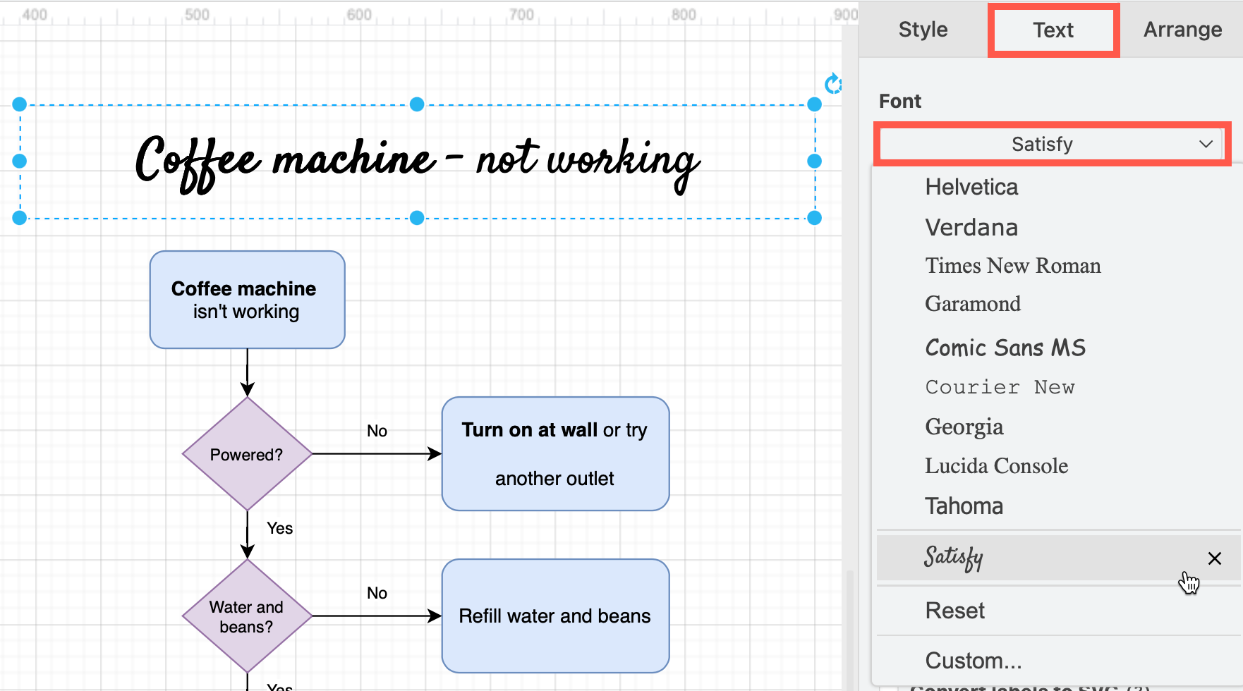 Select a different font to style text in draw.io