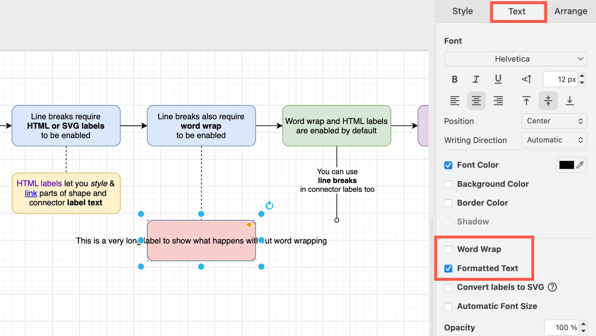 Enable Word Wrap and Formatted Text in the Text tab of the format panel to be able to add line breaks to shape and connector labels in draw.io