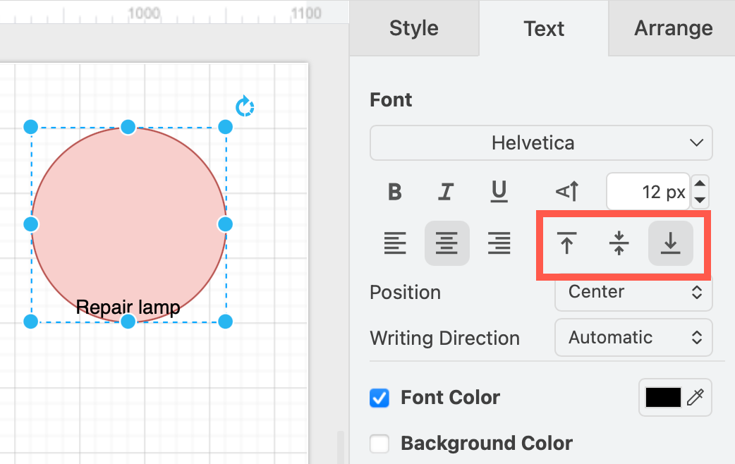 Change where the text label sits vertically within a shape