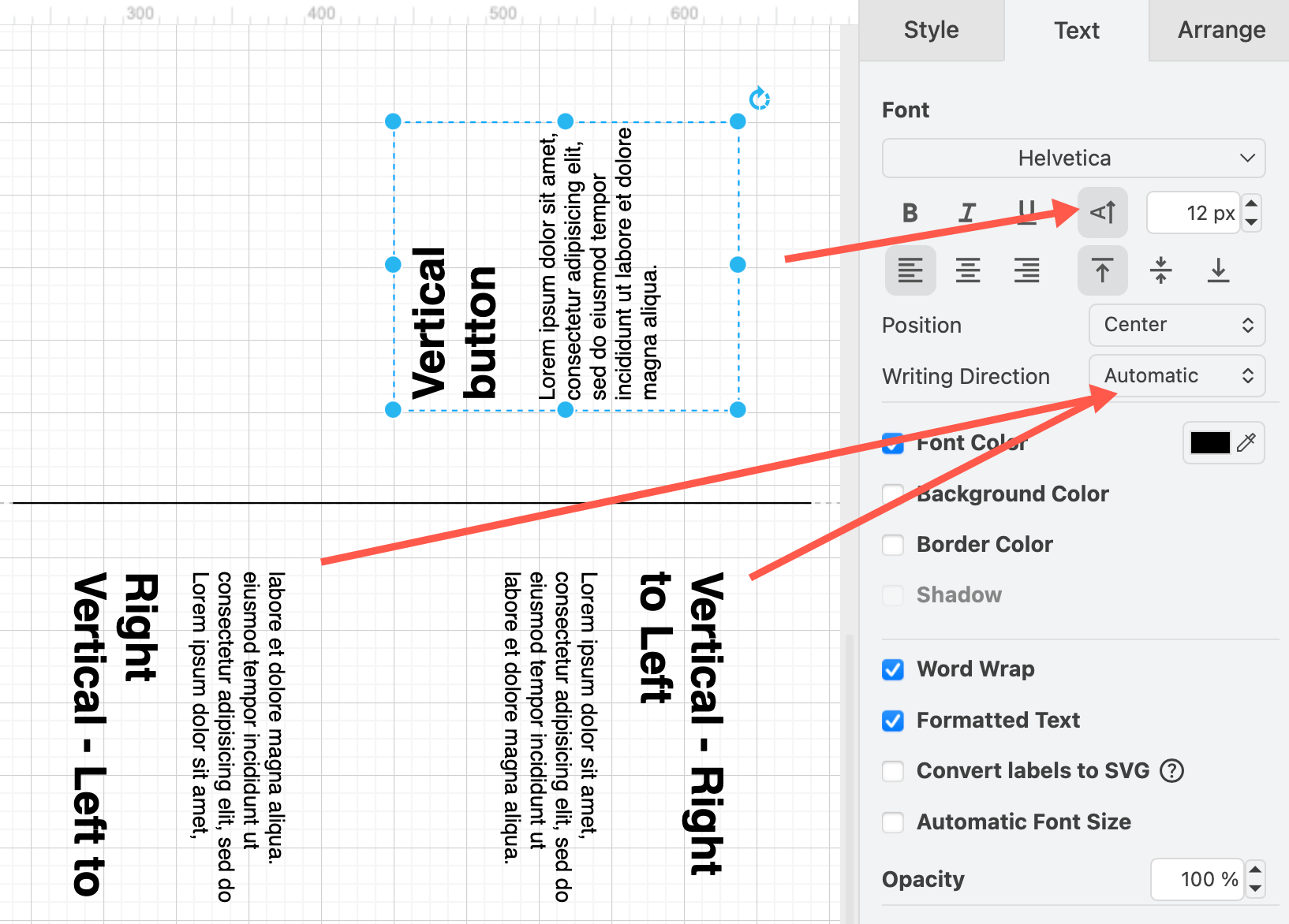 Comparison of using the Vertical button and the vertical Writing Direction settings on English text in a draw.io diagram