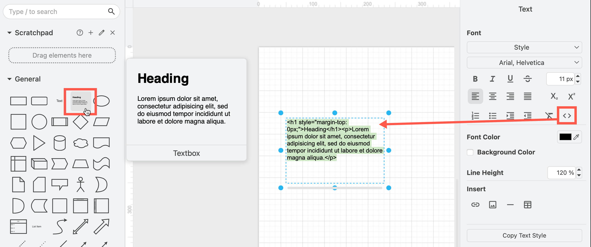 The Textbox shape in draw.io is formatted with HTML tags