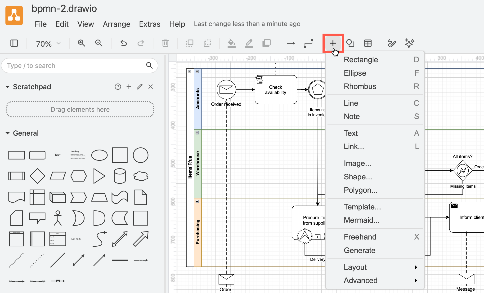 You can insert a wide range of shapes, text, links, layouts, images, templates and more via the Insert tool on the toolbar in draw.io