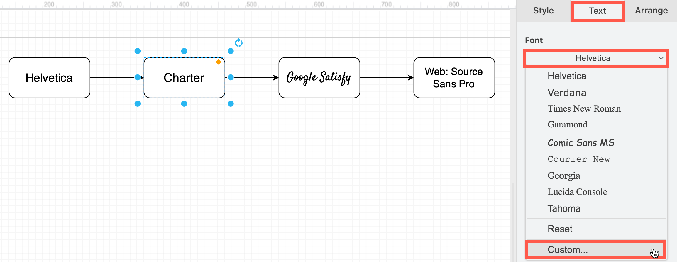 Open the custom font selector via the Text tab in the format panel